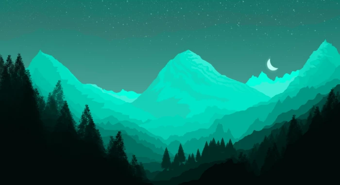green minimal dark light moon forest background mountains 2k