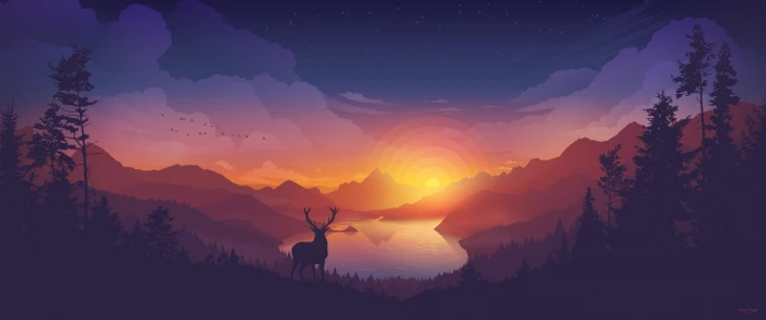 landscape valley lake forest colorscape sunset elk deer 2k
