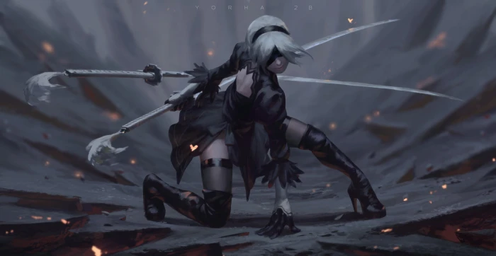 Nier Automata Z W Gu digital art warrior girls Android 2k