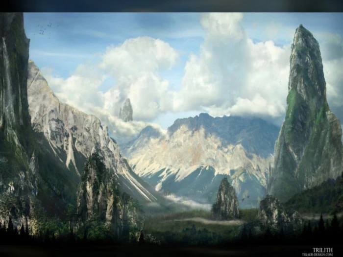 painting of river near body water fantasy art mountain cloud sky