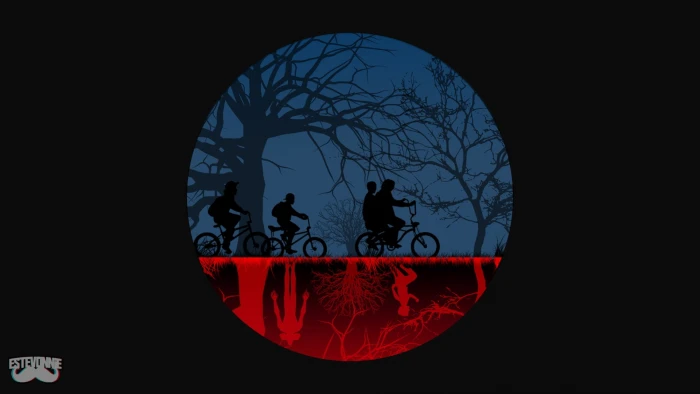 three people riding bicycles illustration Stranger Things digital art 2k