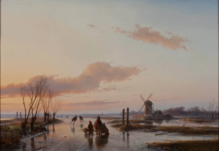 windmill near body of water under cloudy sky painting classic art 2k