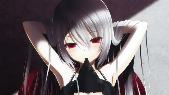 anime girl character with white hair silver red eyes long 2k