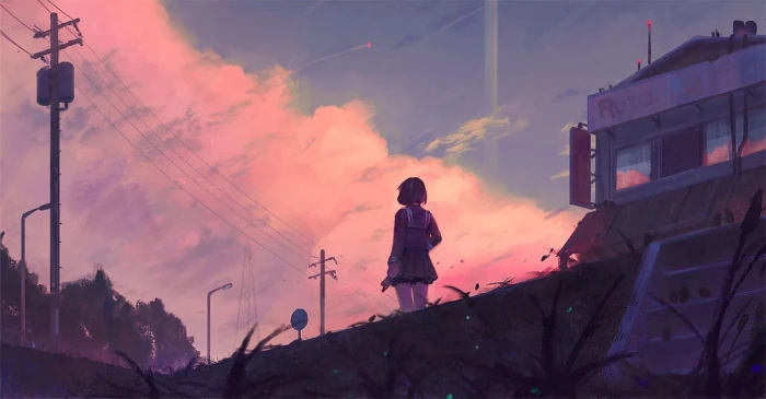 anime girls sunset sky Guweys artwork painting digital art 2k