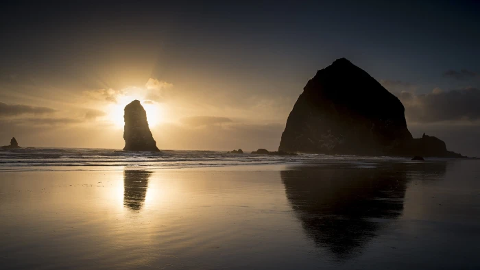 black and white ceiling fan coast rock Cannon Beach sun rays 2k