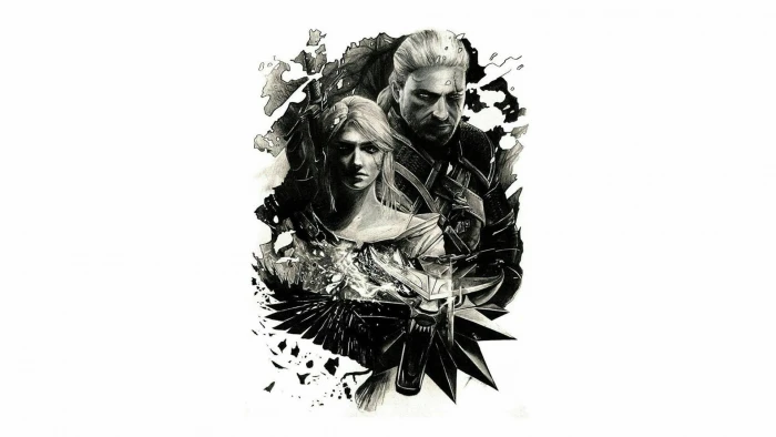 black and white flower painting Ciri Geralt of Rivia The Witcher 2k