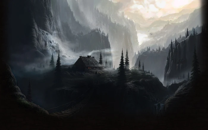 black house surrounded by trees and mountains painting nature 2k