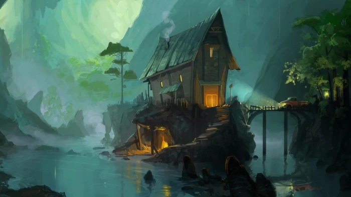 brown house on cliff illustration oil painting artwork fantasy art 2k