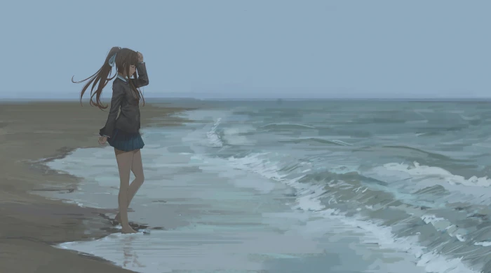 brown haired anime character standing in seashore wallpaper beach 2k