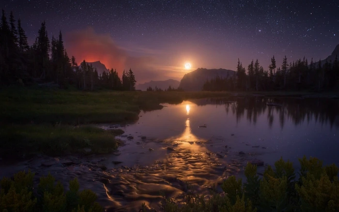 calm body of water landscape nature starry night Moon lake