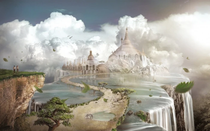 castle in mountain falls wallpaper digital art fantasy