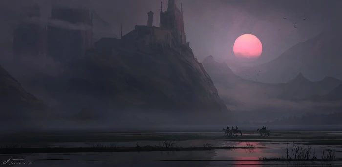 digital art landscape mountains village horse sunset illustration 2k