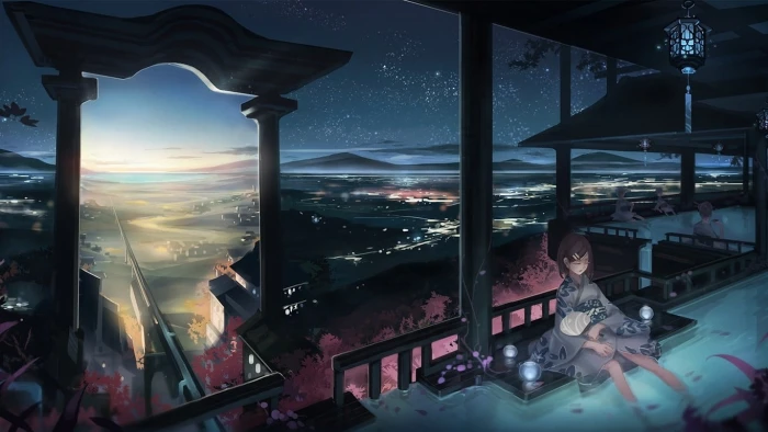 female anime character at pool digital wallpaper landscape Japan
