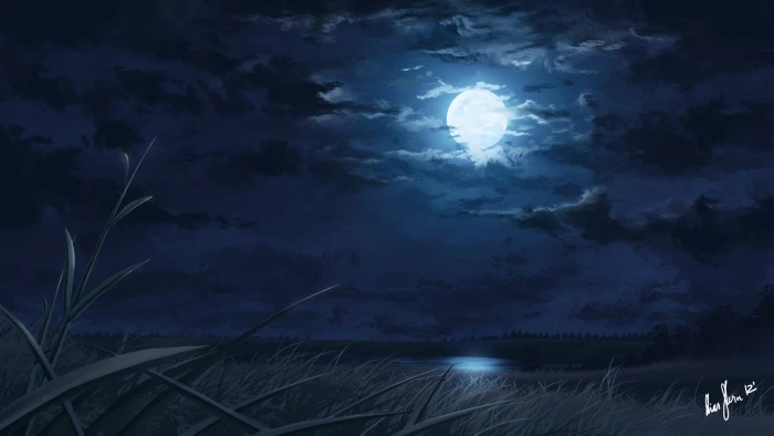 full moon painting night moonlight lake reeds landscape 2k