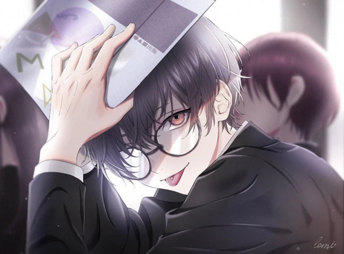 anime boys Male tongue out pierced glasses black hair
