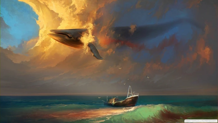 gray whale illustration boat clouds fantasy art surreal sea 2k