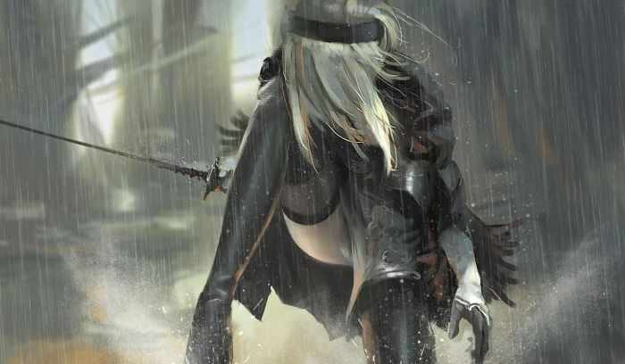 gray haired woman holding sword anime NieR thigh highs silver hair