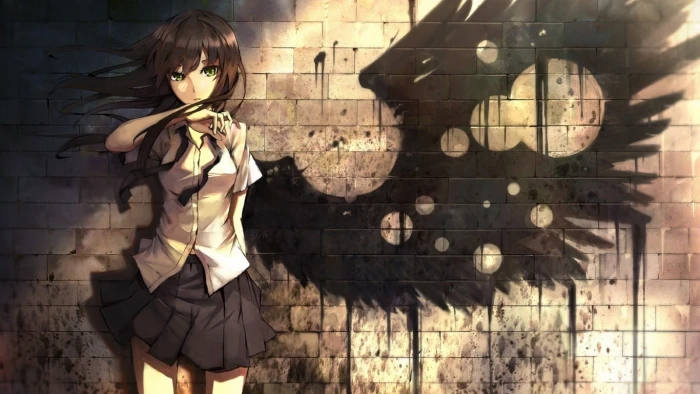 black haired female anime character wallpaper wings bricks