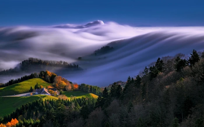 house on hill near fores with mountain covered clouds painting