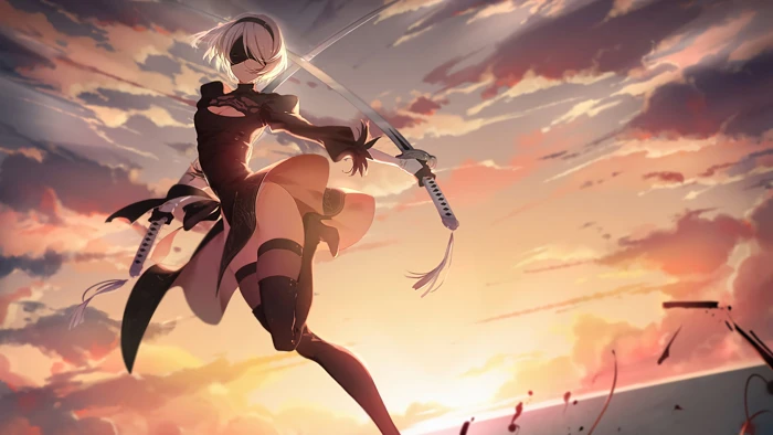 gray haired woman holding sword illustration video games Nier Automata 2k