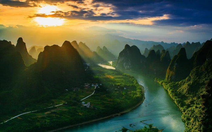 Landscape Nature Mountain River Sun Rays Village China Sunset Field