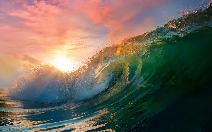 Landscape Nature Waves Sunset Water Clouds Sun Rays Colorful Sea ocean waves under sunset