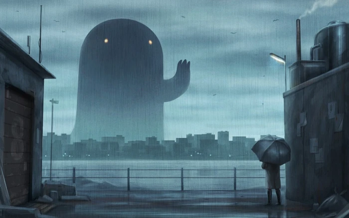 man holding umbrella standing near building artwork under looking at monster illustration