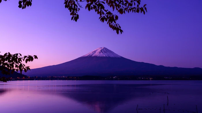 Mount Fuji Japan landscape calm waters violet lake clear sky 2k