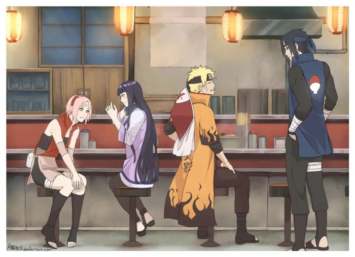 Naruto illustration Hinata Sakura and Sasuke standing in bar counter
