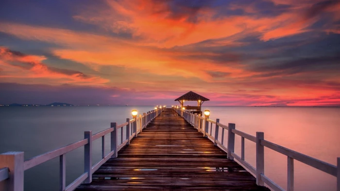 sky horizon sea pier cloud sunset lighting calm dusk 2k