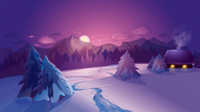 nature digital art mountains clouds winter house snow sunset 2k