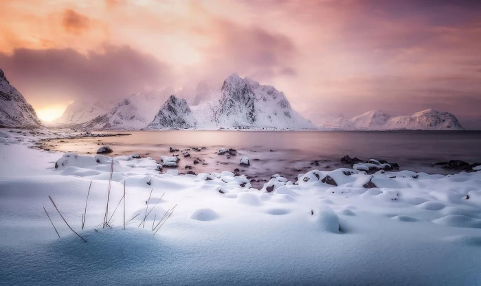 nature landscape winter mountains snow sunlight clouds