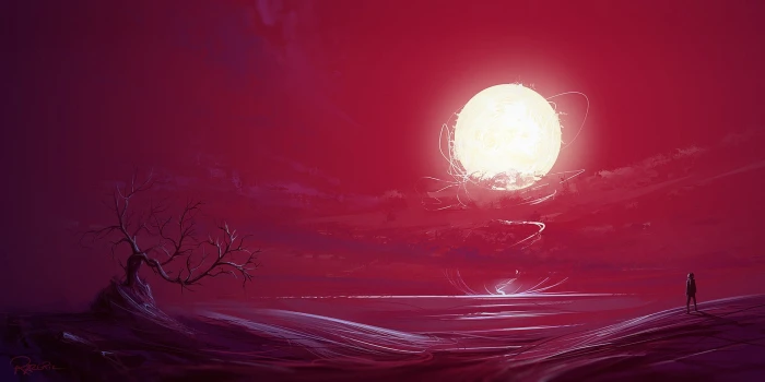 white moon and bare tree illustration silhouette of man standing near body water painting 2k