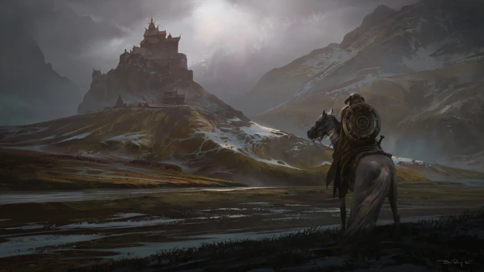 person riding horse near mountain castle digital wallpaper The Elder Scrolls V Skyrim 2k