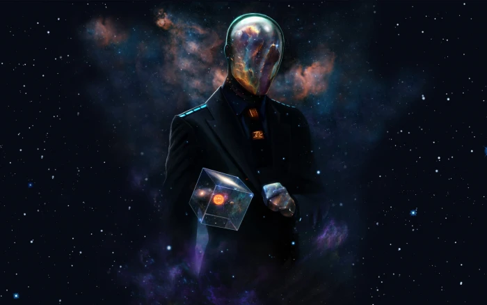 person wearing black blazer digital wallpaper space universe 2k