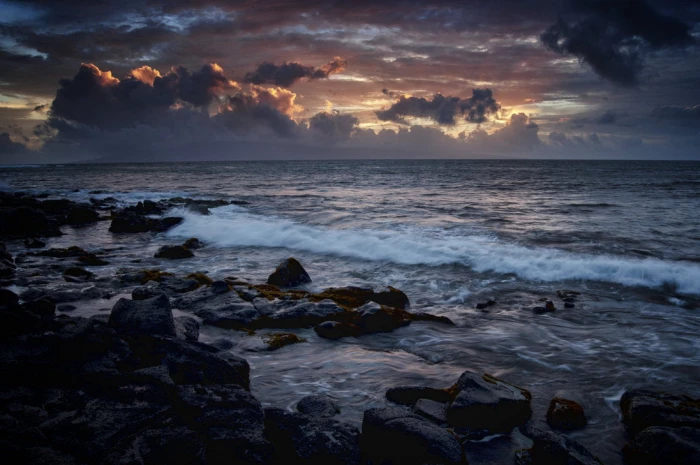 photo of rocks and sea Twilight beach ocean sunset