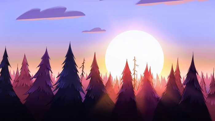 pine trees digital wallpaper Gravity Falls sun sky sunset 2k