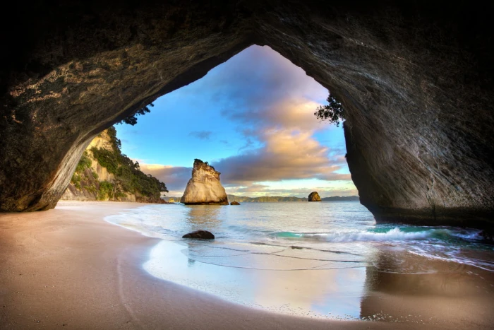 shore under cave photo coromandel Cathedral Cove