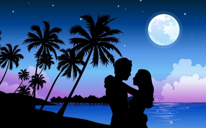 silhouette of couple hugging each other against the moon beach 2k