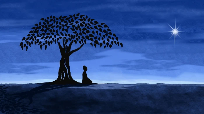 silhouette of person sitting beside tree man under the painting 2k