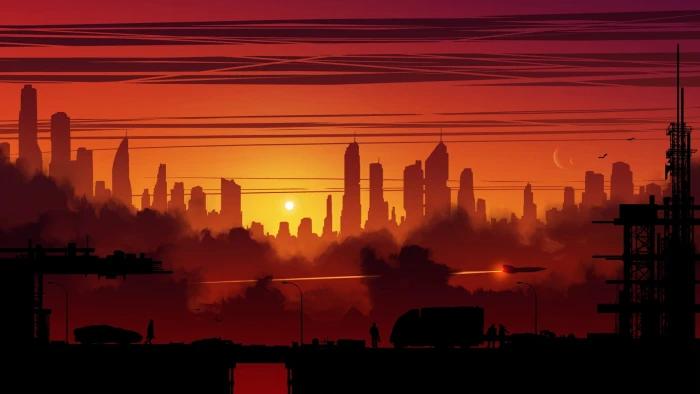 silhouette photo of city under golden hour digital art building 2k