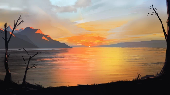 sky landscape nature Sunset art mountains clouds lake 2k