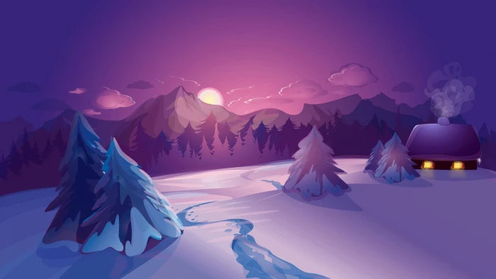 snow covered field with moon and mountain range in background painting 2k
