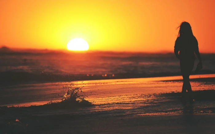 sunset women silhouette beach waves outdoors Golden Hour 2k