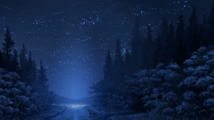trees illustration road stars night fox forest anime artwork 2k