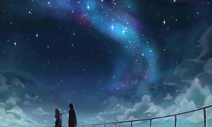 two anime character watching stars wallpaper Your Lie in April 2k