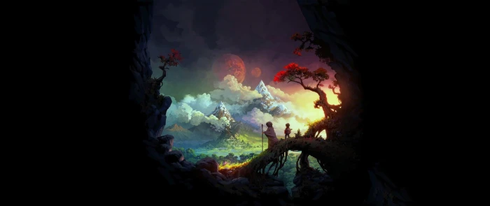 two person on tree branch wallpaper ultra wide painting fantasy art 2k