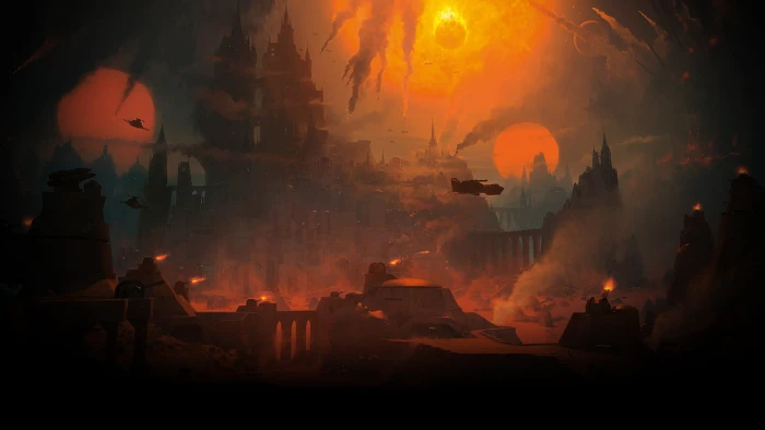 Warhammer Space Marines Spaceships HD painting of black castle with airships 2k