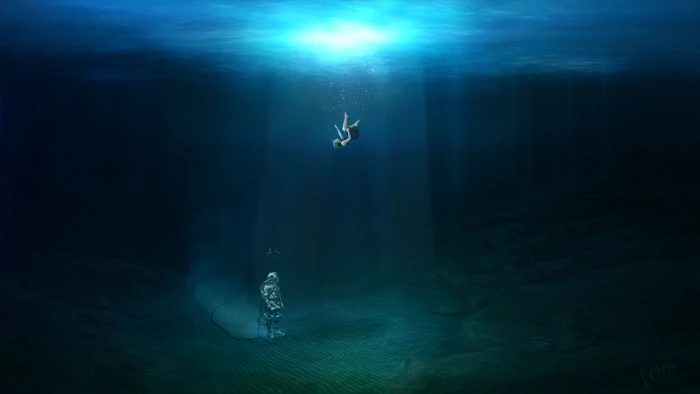 water underwater digital art divers women drowning sun rays 2k