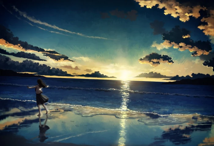 woman walking on seashore sunset anime girls landscape manga